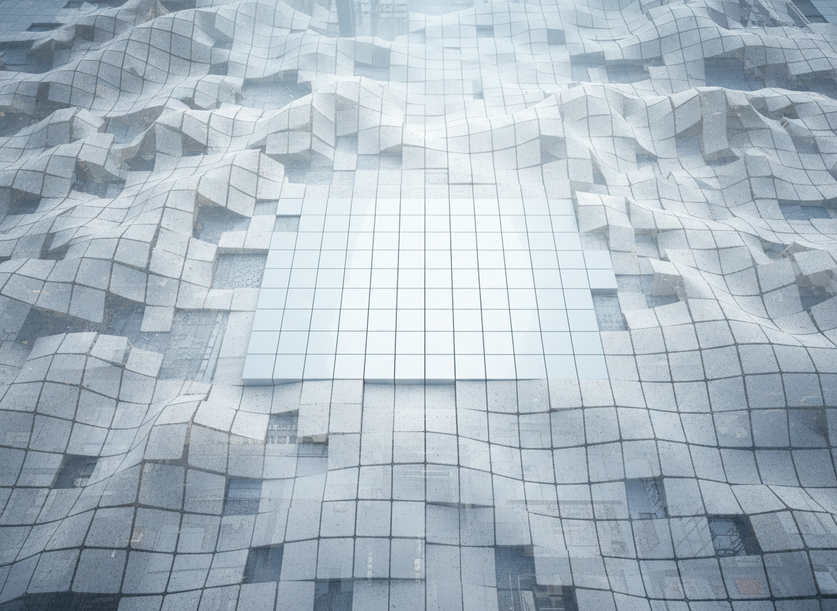 A sprawling field of structured data represented as overlapping translucent grids of cells, each cell a soft off-white tile with subtle speckled texture, gradually transforming into a smaller area of pristine, perfectly aligned tiles at the center. Fine, abstract urban textures faintly overlay the background, like blurred building facades and pavement patterns, suggesting a real-world data environment. Cool, diffused light from above creates gentle gradients and soft shadows between tiles, emphasizing order emerging from chaos. Shot from a high, almost aerial perspective, with strong depth and a bold, graphic composition. The mood is confident and transformative, conveying the power of data cleaning. Textural, semi-abstract, clean and modern visual style, with no text or symbols, only form and texture communicating clarity.