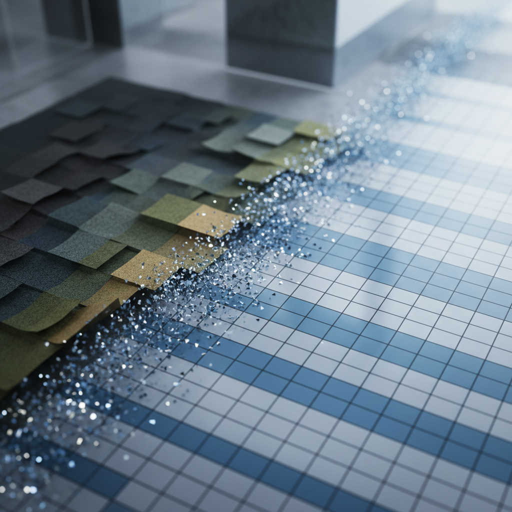 A close-up, textural abstraction of a messy spreadsheet evolving into a clean, structured one: on the left, rough, grainy blocks of muted color and uneven grid lines, slightly distorted as if wrinkled paper; on the right, ultra-crisp rectangles with smooth, matte surfaces and precise, sharp grid separations. Between them, a diagonal band where tiny geometric particles flow, like digital dust being filtered. The background hints at abstract urban textures—suggestions of concrete and glass—softly blurred. Illuminated by cool studio lighting from the upper right, casting subtle linear shadows that emphasize alignment. Composed with a strong diagonal, shot at a slight three-quarter angle for depth. The mood is bold and technical, highlighting the transition from messy CSV chaos to AleFrontier-level cleanliness, in a modern textural style.